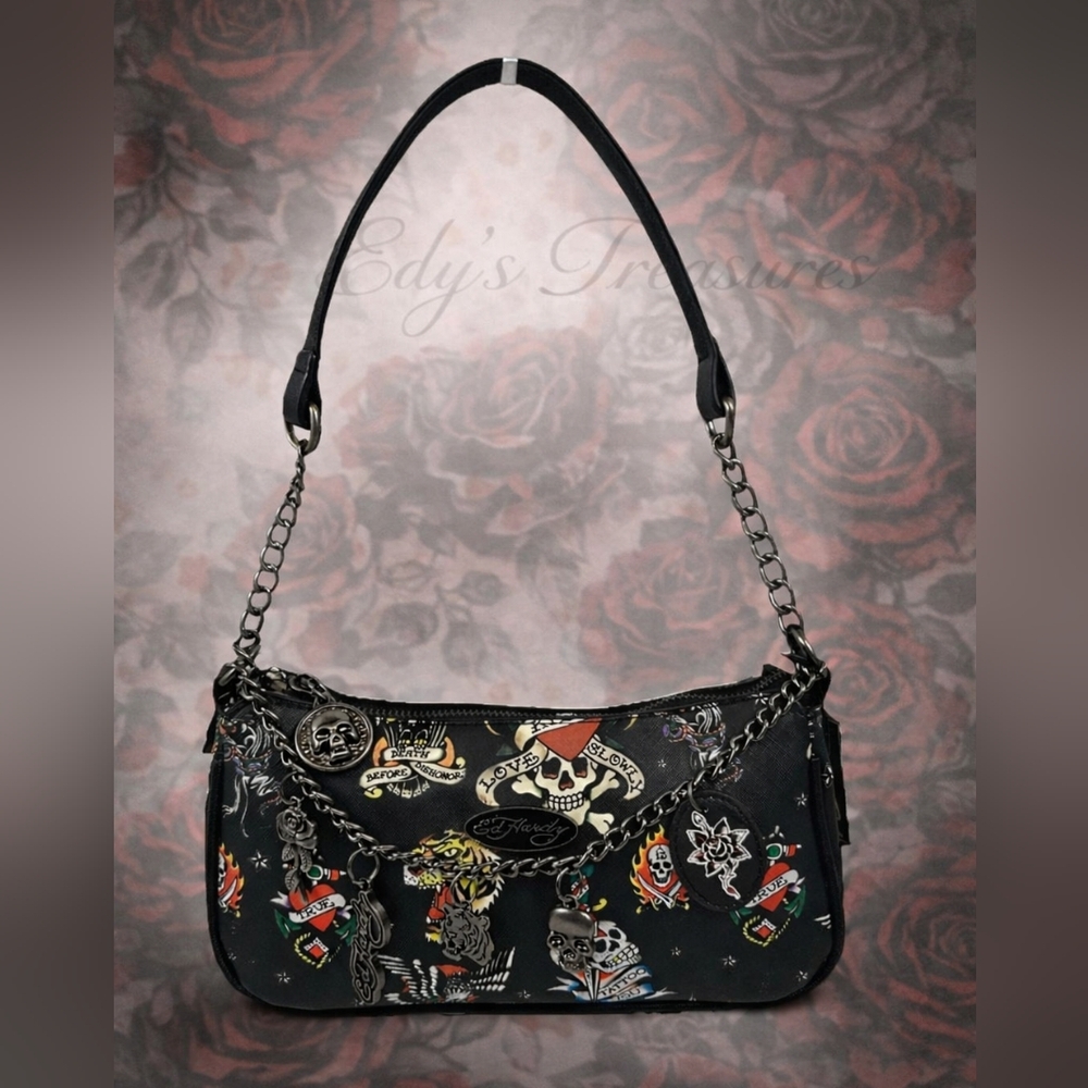 Ed Hardy Black Tattoo Print Shoulder Bag NWT Chain Strap Y2K Purse Retail $70